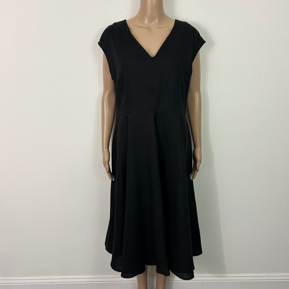 Neiman Marcus Womens XL Black Linen V-Neck Sleeveless Midi Fit Flare Dress NWD